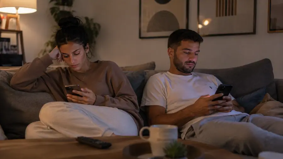 זוג יושב בסלון בערב וכל אחד בטלפון לפני Just2Us