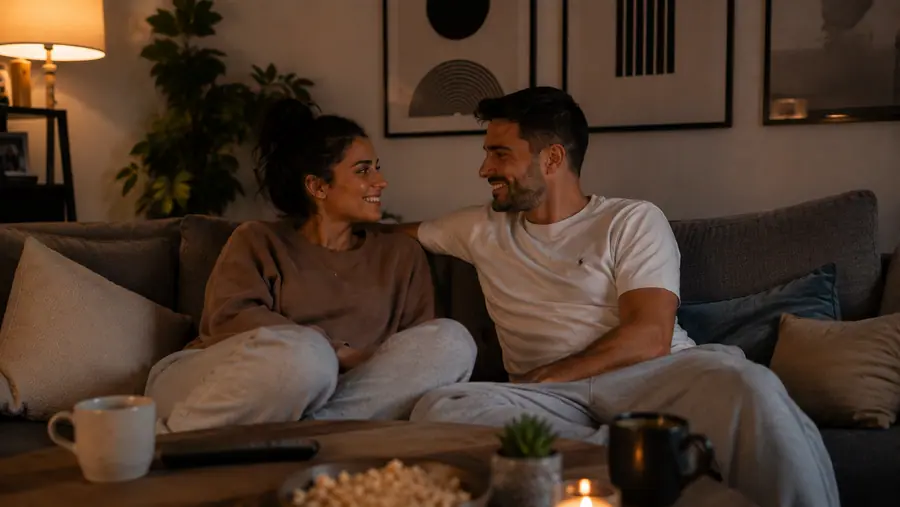 זוג מחייך בבית בזמן דייט זוגי עם Just2Us